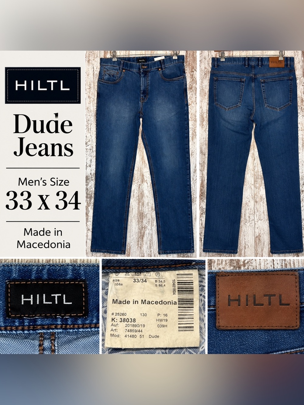 HILTL Dude Jeans Men’s 33x34 Blue Stretch Denim Straight Leg 41480 51